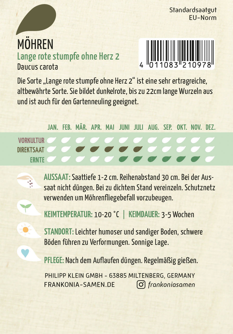 Frankonia Samen Möhren Lange rote stumpfe ohne Herz 2