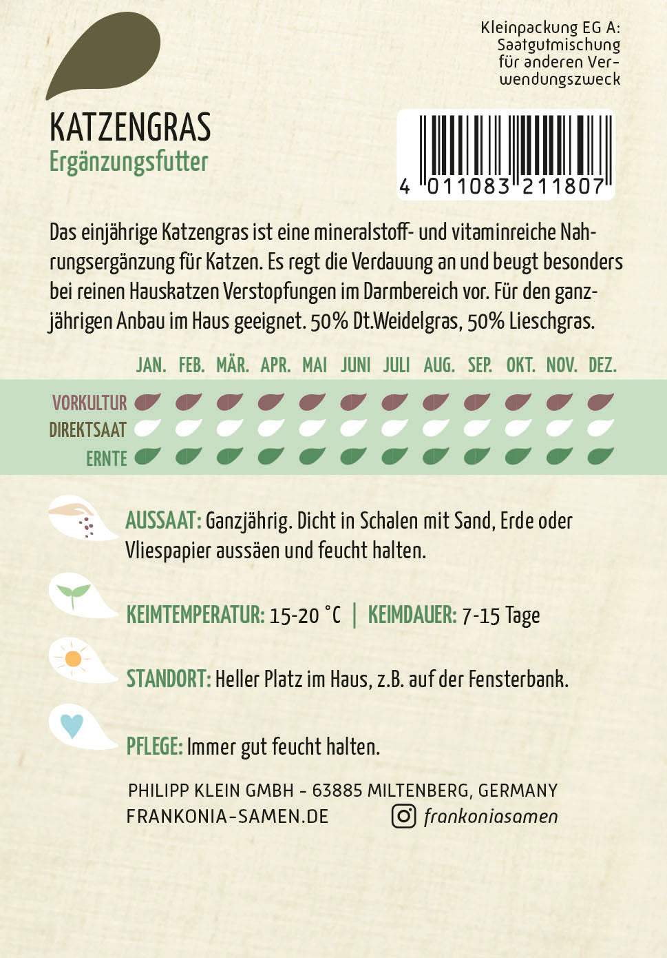 Frankonia Samen Gräser Katzengras Ergänzungsfutter