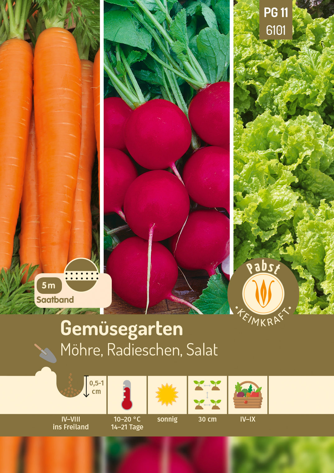 Pabst Keimkraft Gemüse-Mischungen Radieschen Celesta, Schnittsalat Australische Gele, Möhren Nantaise 2 Saatband