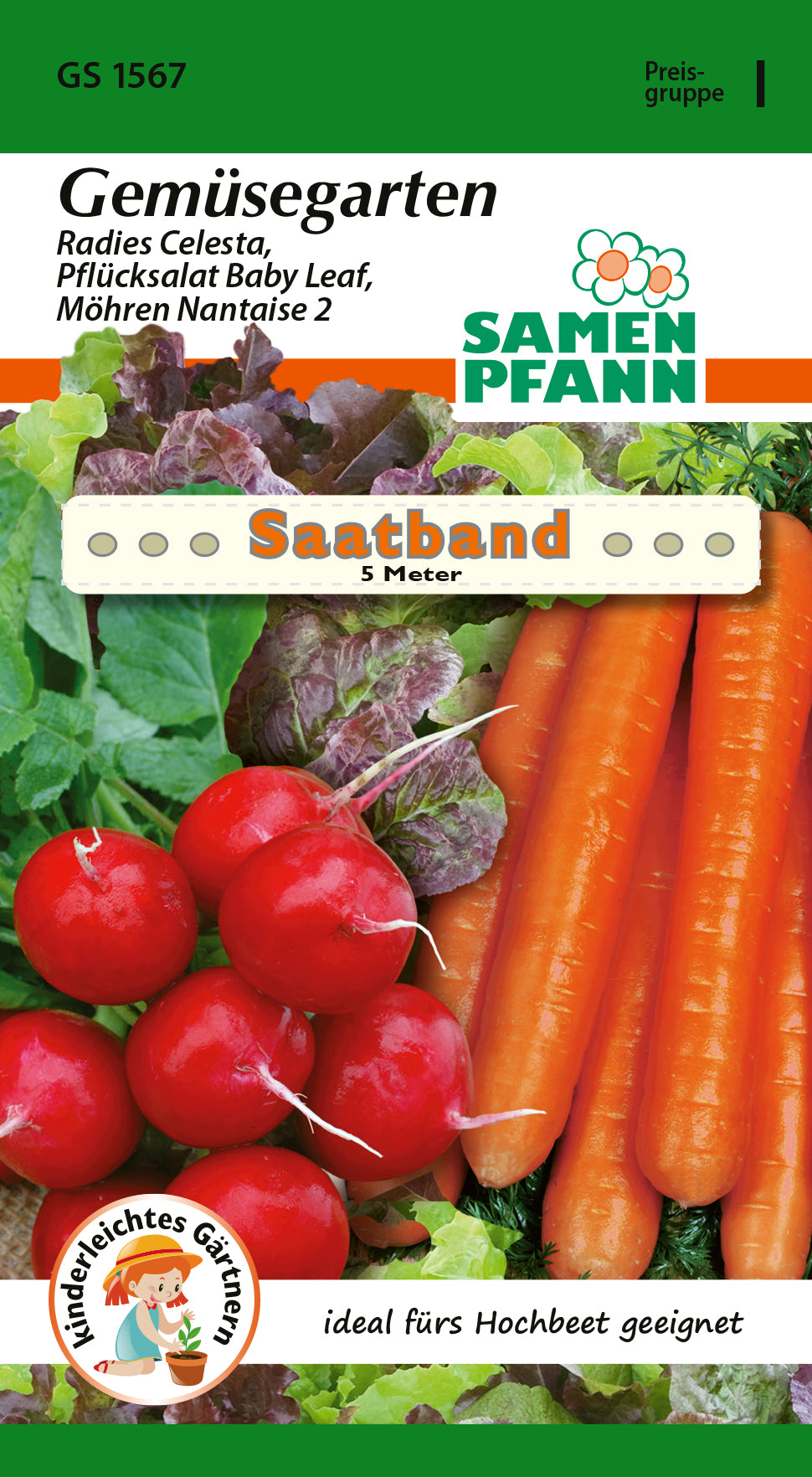 Samen Pfann Gemüsegarten Radies Celesta, Pflücksalat Baby Leaf, Möhren Nantaise 2 Saatband