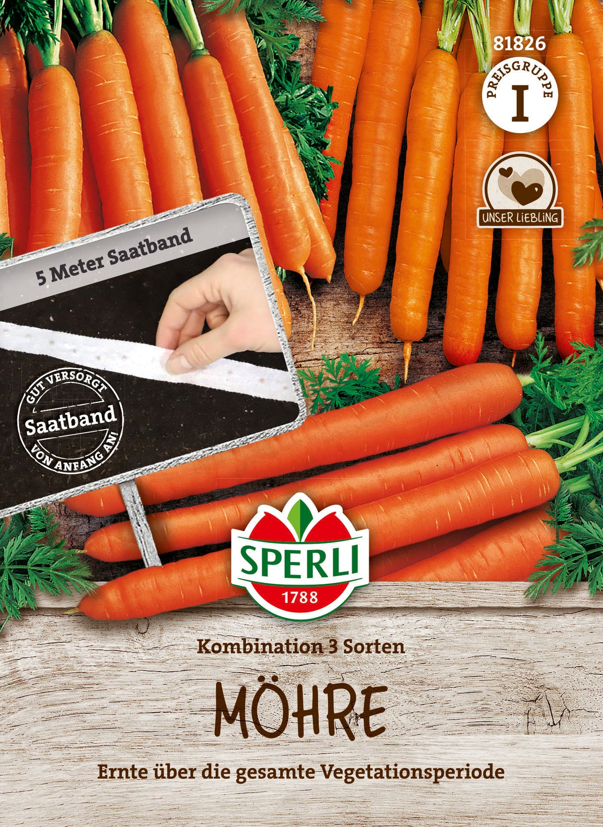 SPERLI Möhre Kombination 3 Sorten (Nantaise 2, Rotin, Lange rote stumpfe ohne Herz 2) Saatband