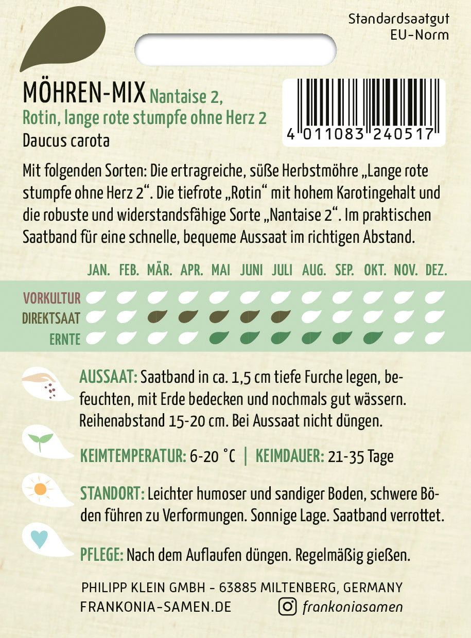 Frankonia Samen Möhren Nantaise 2, Rotin, lange rote stumpfe ohne Herz 2 Saatband