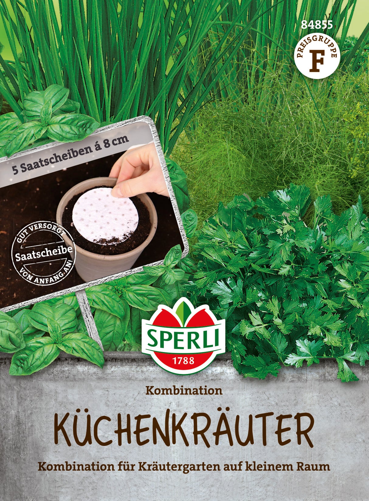 SPERLI Kräutersamen-Mischungen Petersilie 'Gigante d'Italia', Basilikum 'Genoveser', Schnittlauch 'Staro', Salatrauke 'Ruca' und Dill 'Ella' Saatscheibe