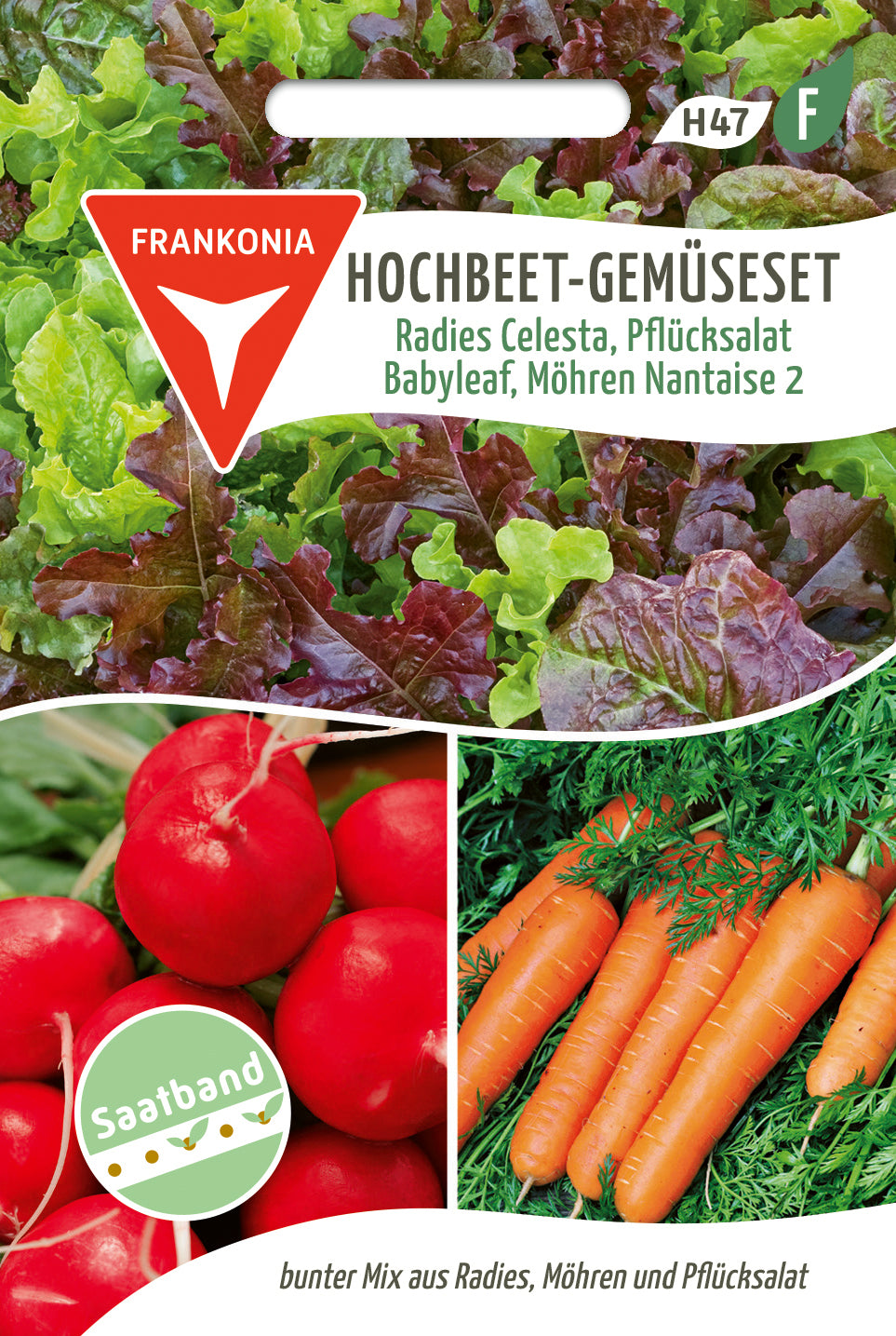 Frankonia Samen Gemüsesamen-Mischungen Radies Celesta, Pflücksalat Babyleaf, Möhren Nantaise 2 Saatband