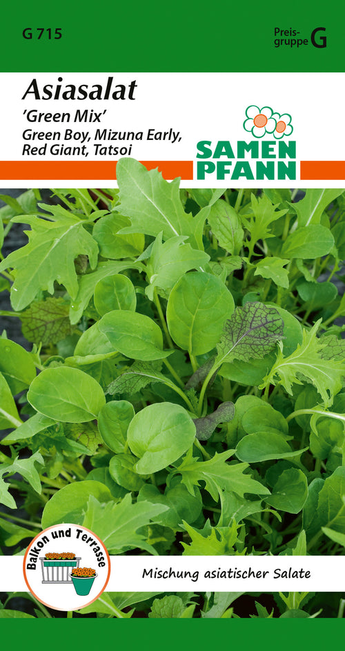 Saatgutpackung für Asiasalat Green Mix, verschiedene junge Blätter, Mischung asiatischer Salate