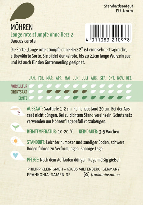 Frankonia Samen Möhren Lange rote stumpfe ohne Herz 2