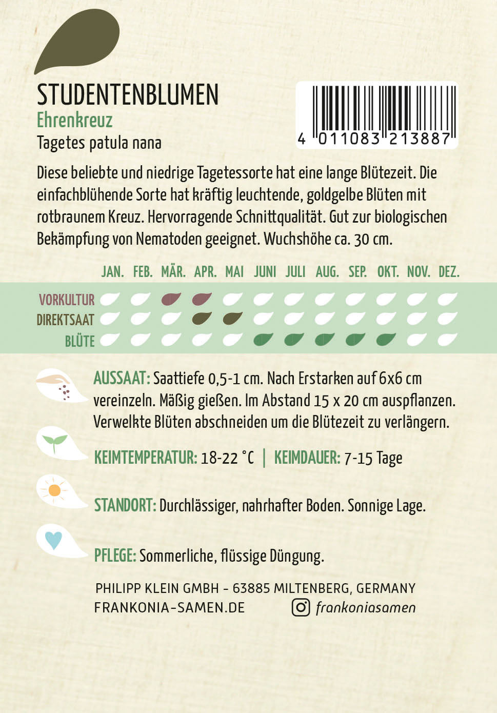 Frankonia Samen Studentenblumen Ehrenkreuz