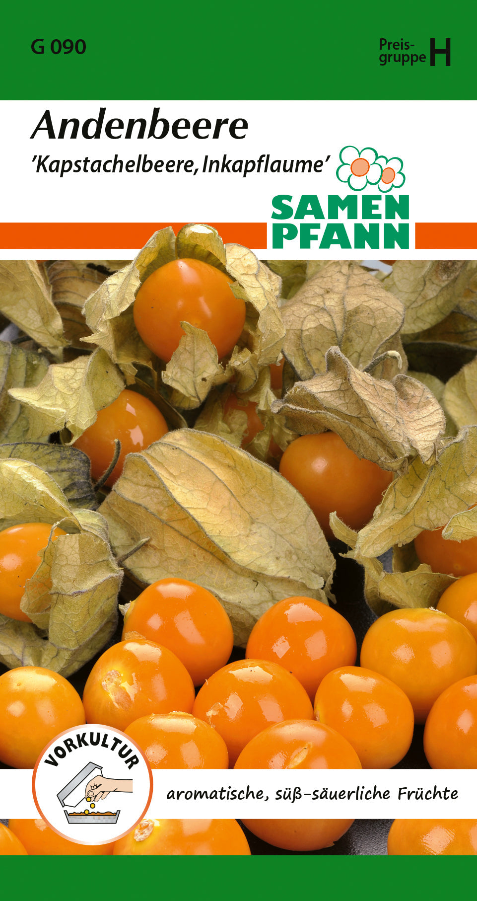 Andenbeere Samenpackung, zeigt orange Kapstachelbeeren mit getrockneter Hülle, aromatische süß-saure Früchte