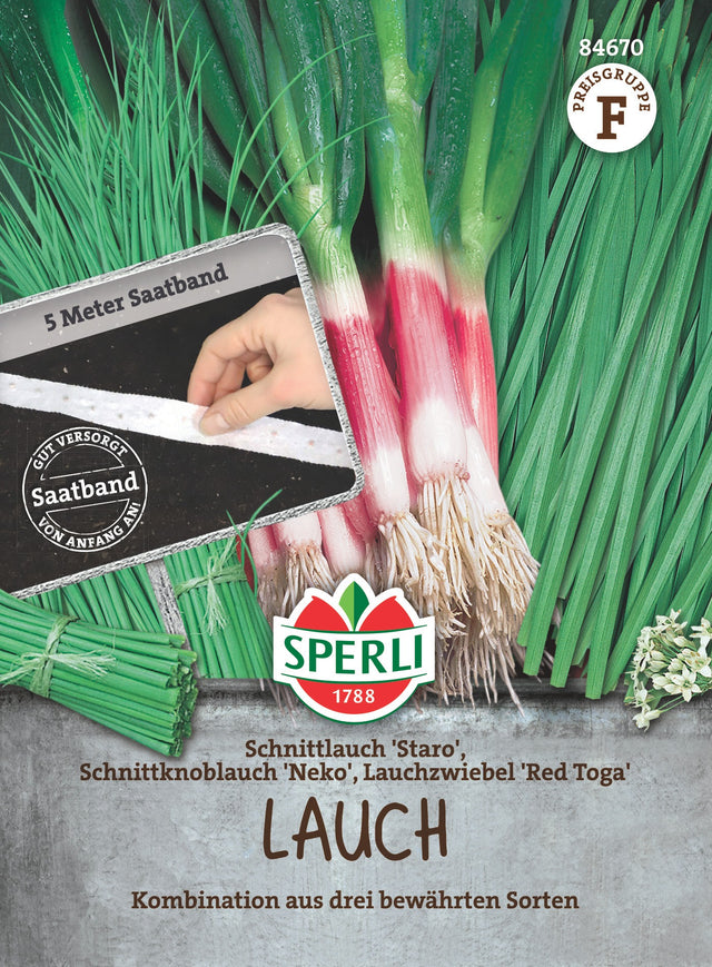 SPERLI Kräutersamen-Mischungen Schnittlauch 'Staro', Schnittknoblauch 'Neko', Lauchzwiebel 'Red Toga' Saatband