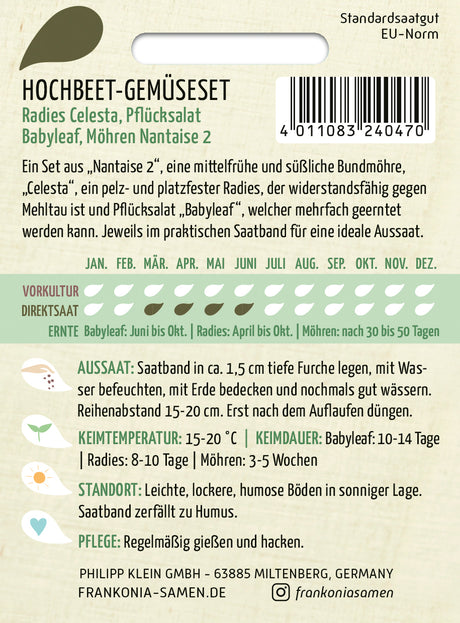 Frankonia Samen Gemüsesamen-Mischungen Radies Celesta, Pflücksalat Babyleaf, Möhren Nantaise 2 Saatband