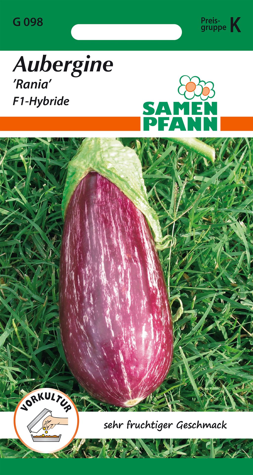 Auberginen Samenpackung 'Rania' F1-Hybride, violette gestreifte Aubergine auf Gras