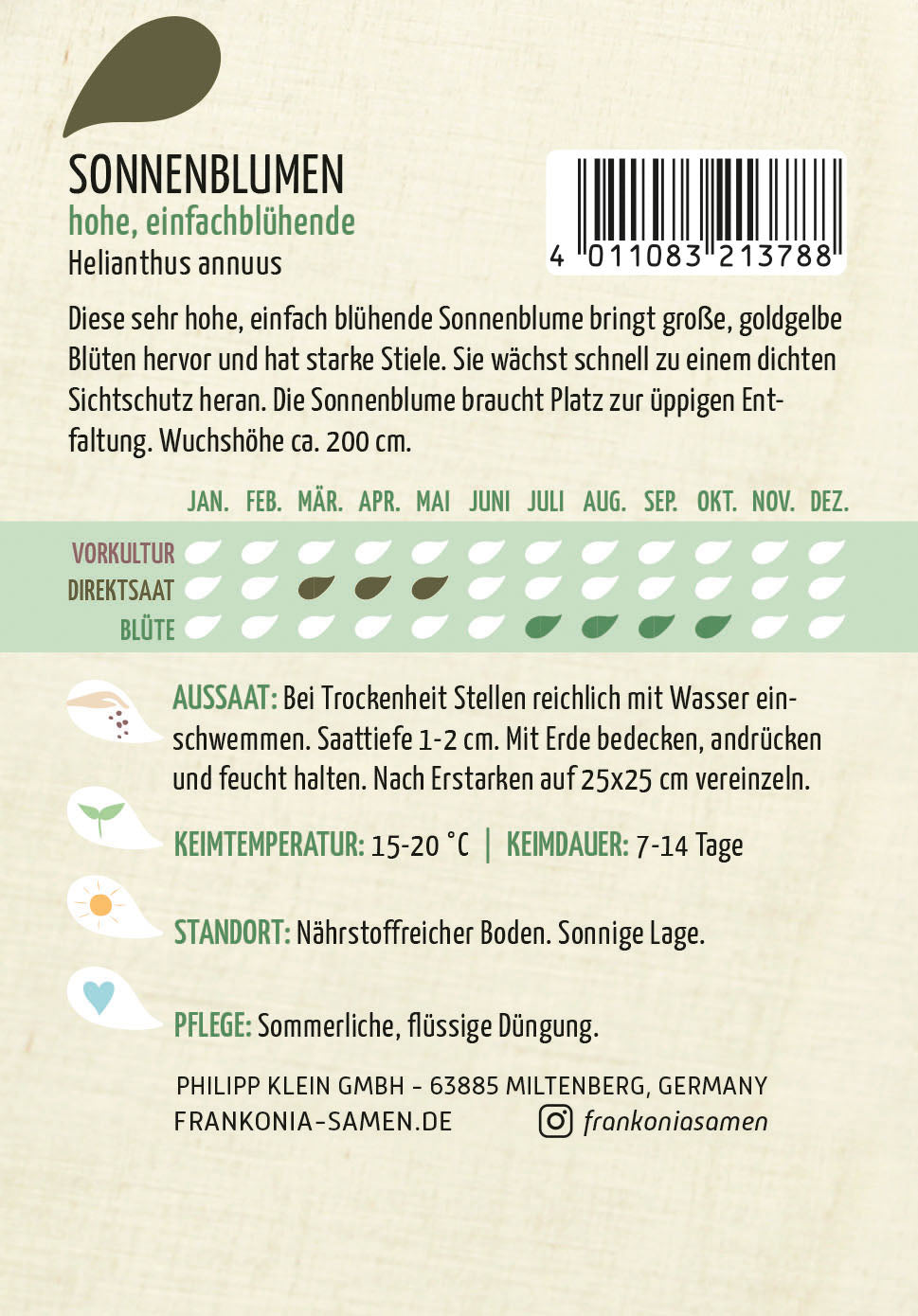 Frankonia Samen Sonnenblumen hohe, einfachblühende