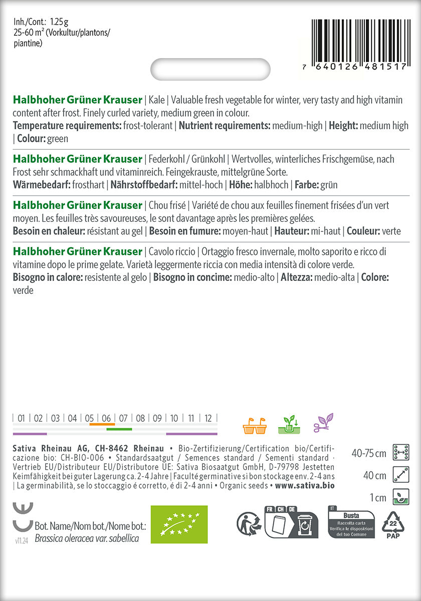 Sativa Federkohl / Grünkohl Halbhoher Grüner Krauser