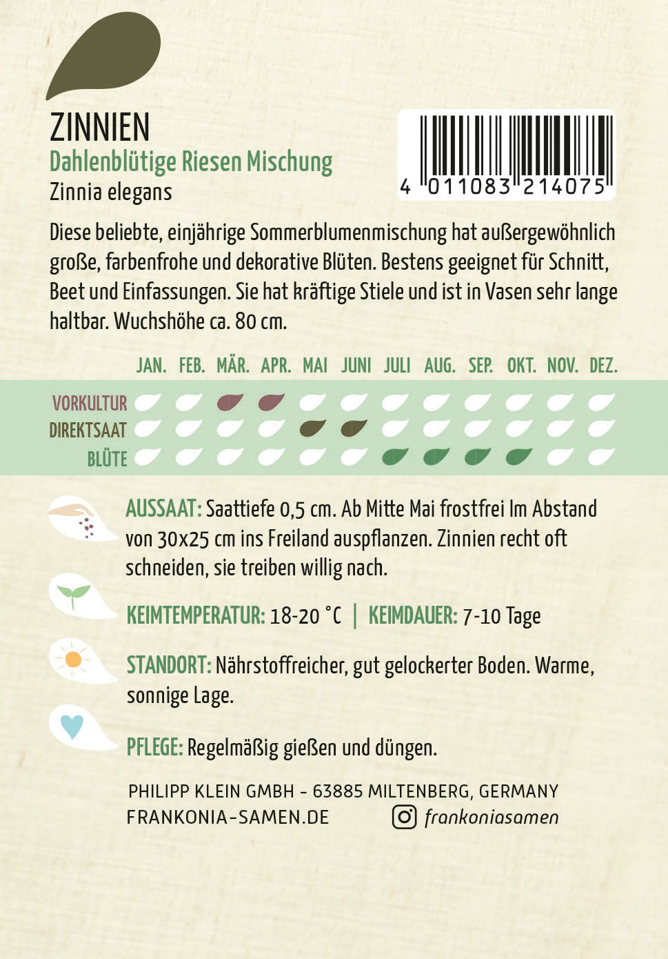 Frankonia Samen Zinnien Dahlenblütige Riesen Mischung