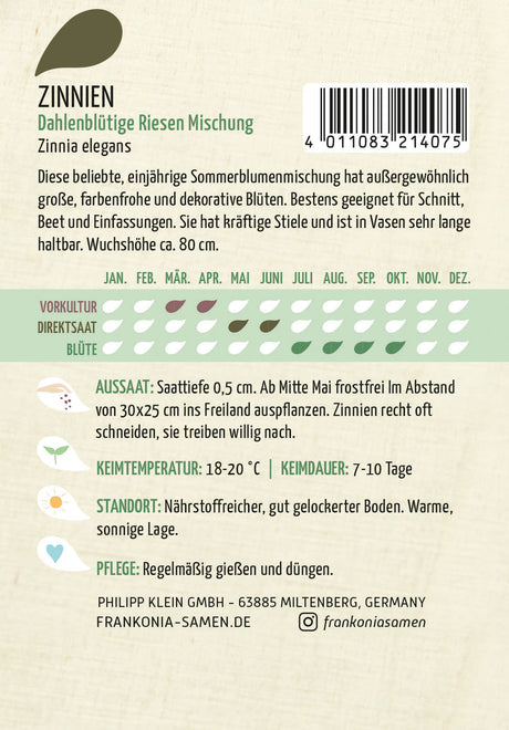 Frankonia Samen Zinnien Dahlenblütige Riesen Mischung