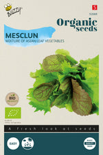 Saatgutpackung für Bio Mesclun, Mischung asiatischer Blattsalate, grüne und rote Blätter