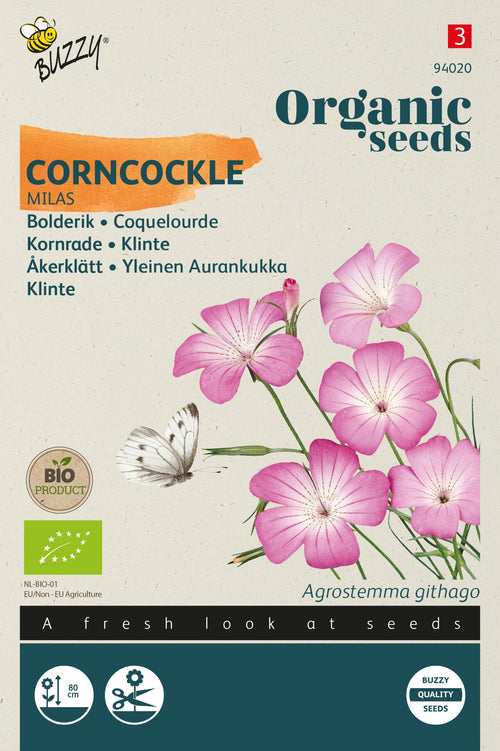Saatgutpackung für Kornrade mit pinken Blüten, Bio-Siegel und Schmetterling.