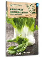 Saatgut-Packung Asia-Salat Pak Choi, Bio Gemüsesamen auf Holztisch