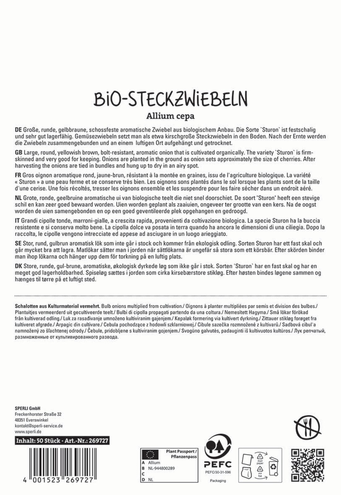 SPERLI BIO Gelbe Steckzwiebel Sturon 50 Stück