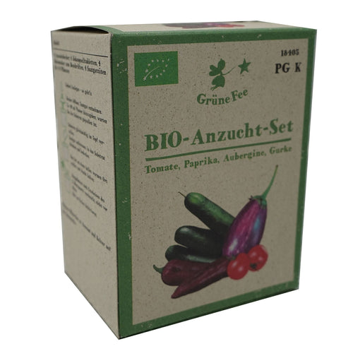 Bio-Anzucht-Set mit Tomaten-, Paprika-, Auberginen- und Gurkensamen auf Verpackung