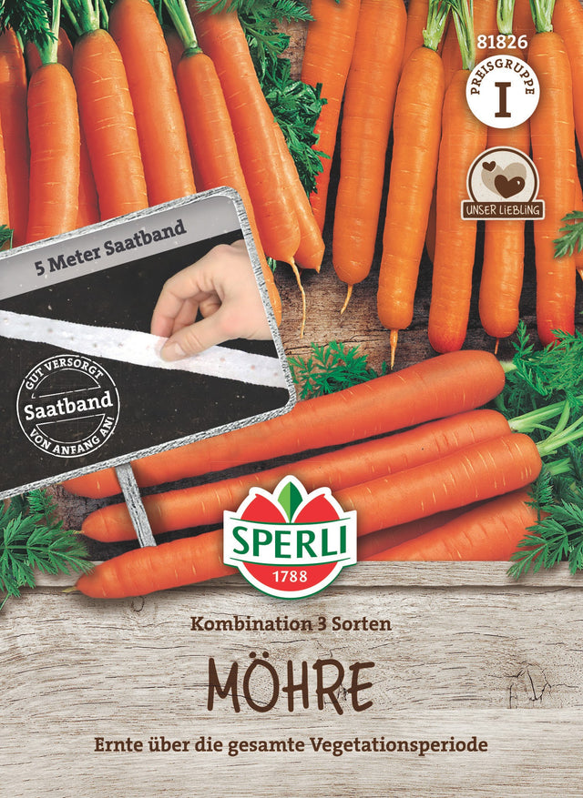 SPERLI Möhre Kombination 3 Sorten (Nantaise 2, Rotin, Lange rote stumpfe ohne Herz 2) Saatband