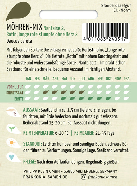 Frankonia Samen Möhren Nantaise 2, Rotin, lange rote stumpfe ohne Herz 2 Saatband