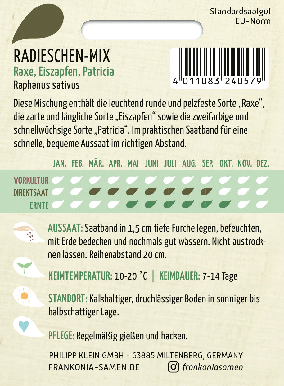 Frankonia Samen Radieschen Raxe, Eiszapfen, Patricia Saatband