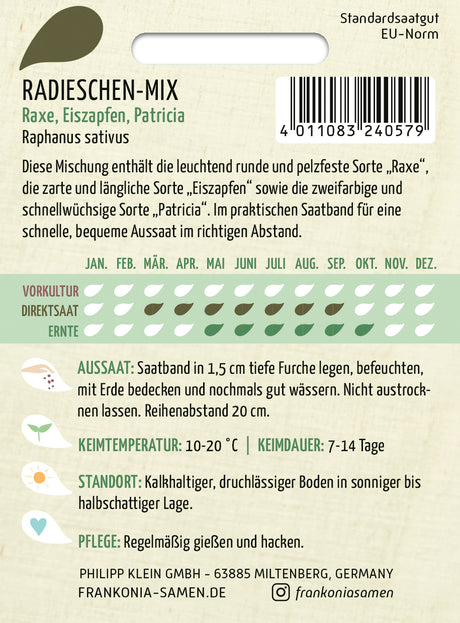 Frankonia Samen Radieschen Raxe, Eiszapfen, Patricia Saatband